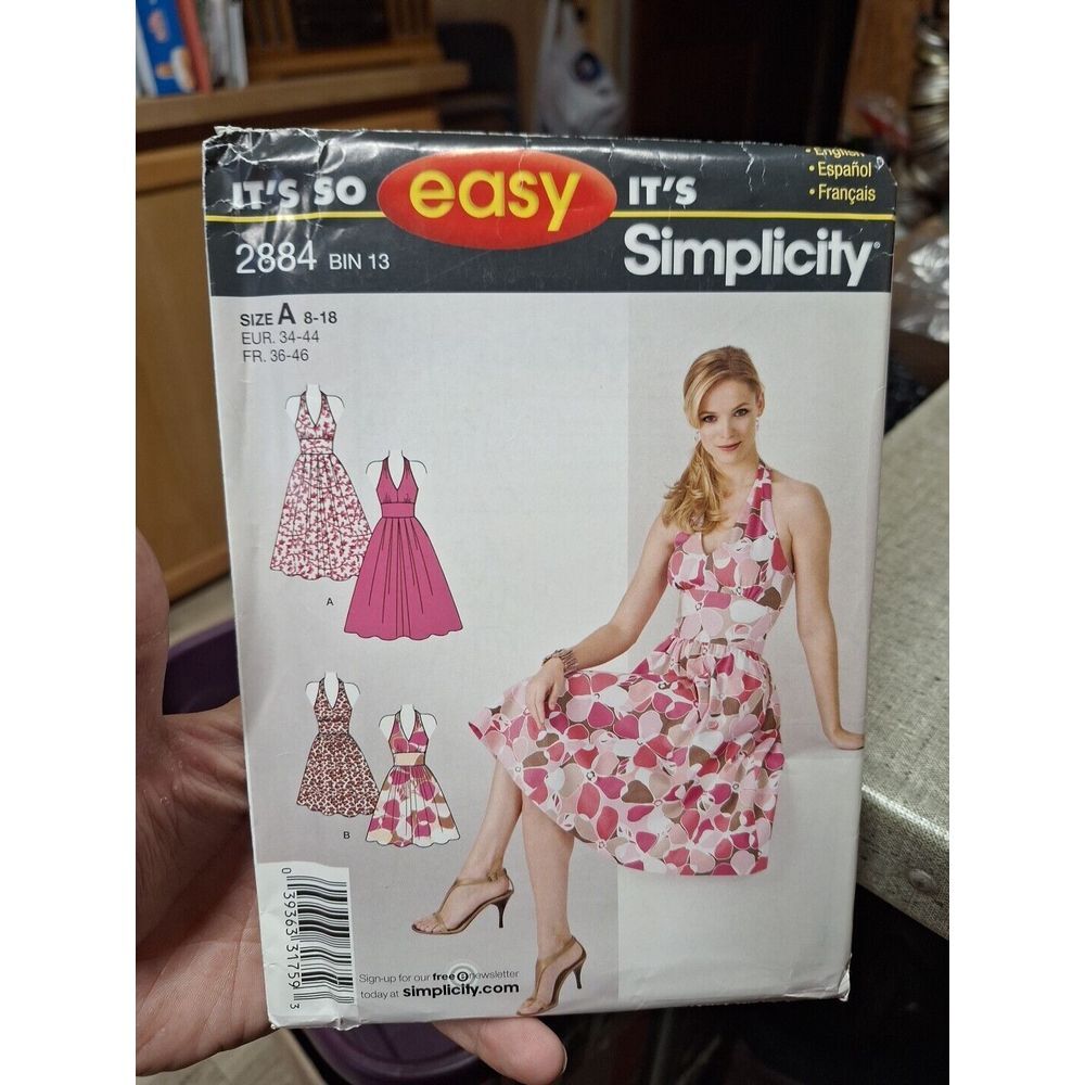 Simplicity Sewing Pattern #2884-Size A 8-18-Halter Dress-Uncut-F/F-Complete-2008